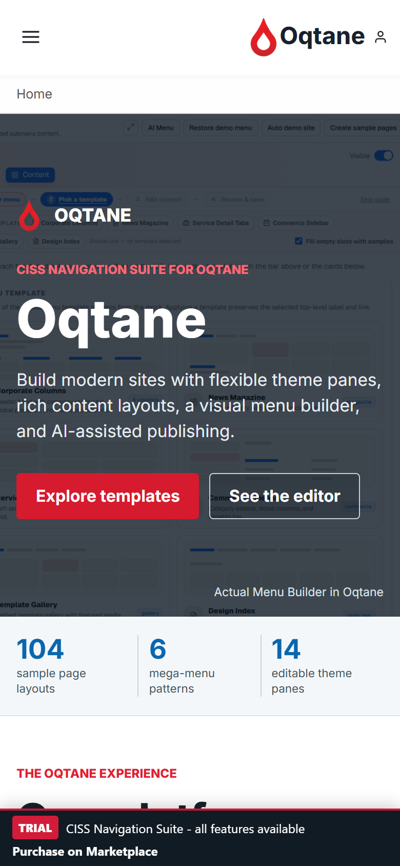 Oqtane CISS product homepage displayed on an iPhone-sized screen