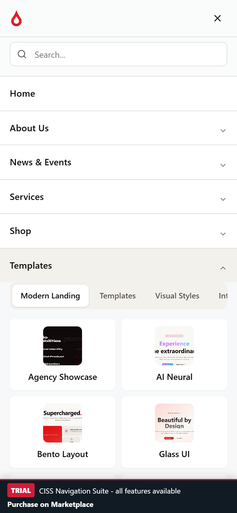 Expanded CISS Templates mega menu in the mobile navigation drawer