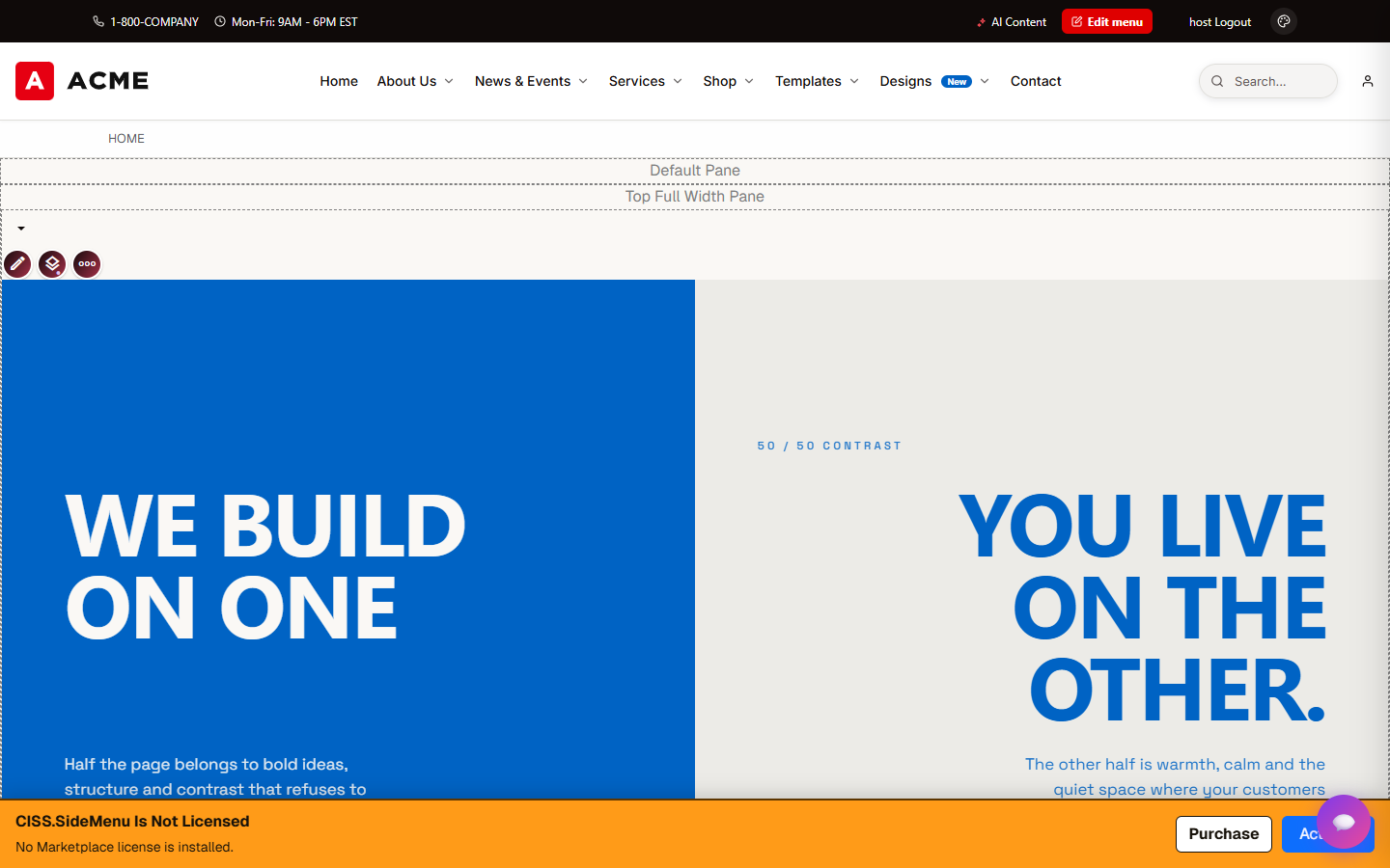 Oqtane page in edit mode with module actions and top content panes