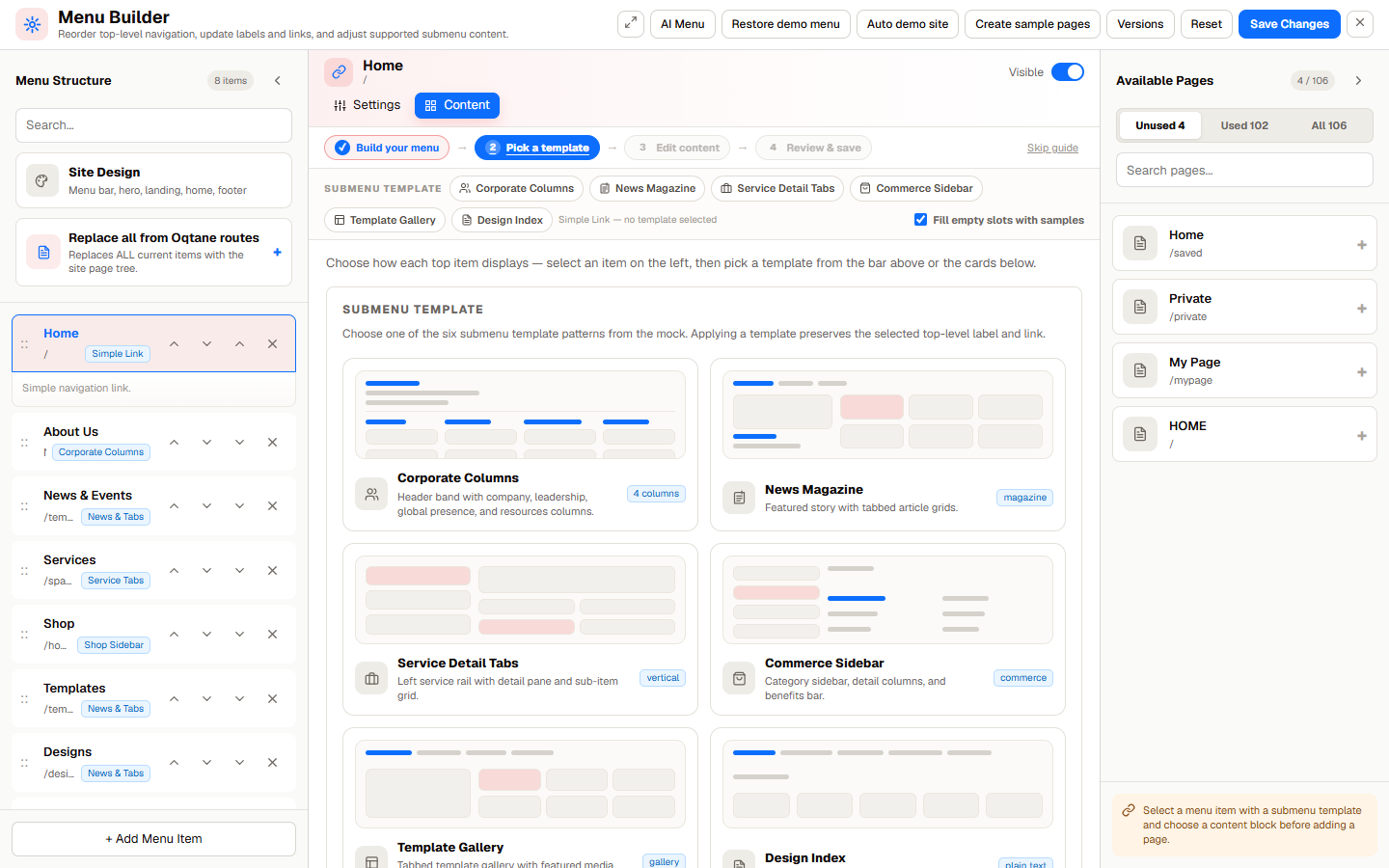 CISS Menu Builder in Oqtane, showing menu structure, template choices, and available pages