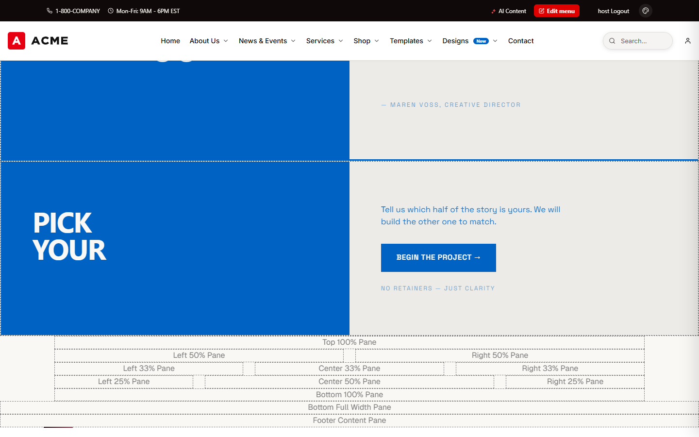 Oqtane ACME theme showing its named editable panes