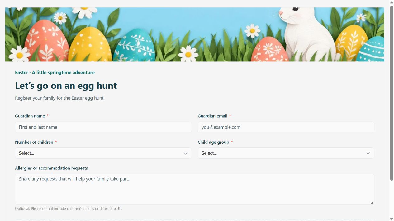 Easter Egg Hunt Registration on Oqtane