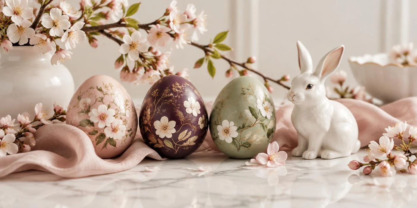 Botanically painted Easter eggs, cherry blossoms, and a white ceramic rabbit