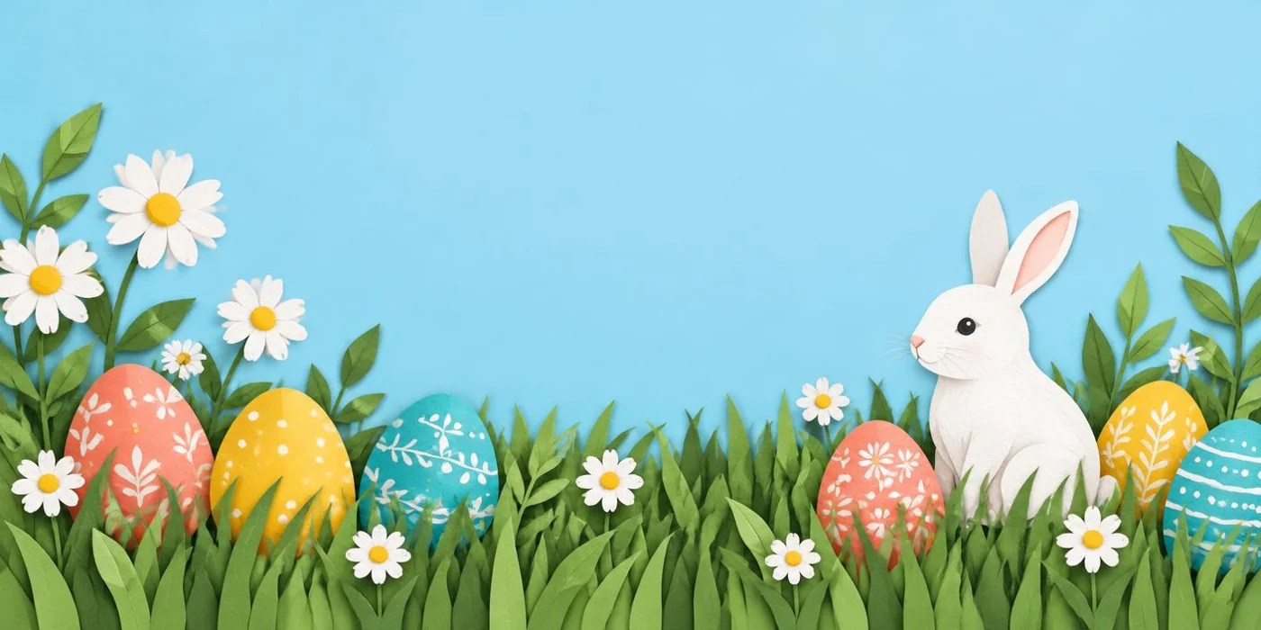 Paper-cut Easter eggs, daisies and a white rabbit in spring grass