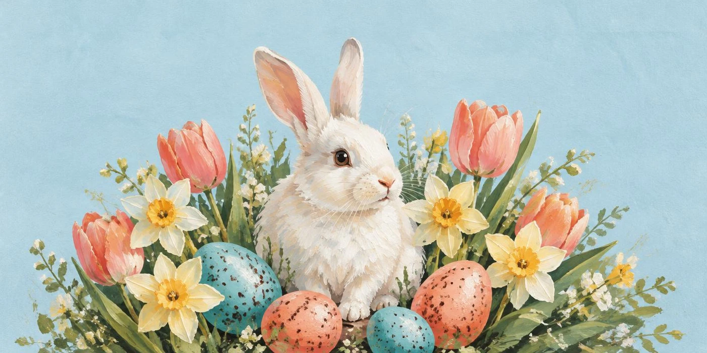 Watercolor rabbit among coral tulips, yellow narcissus, and speckled Easter eggs