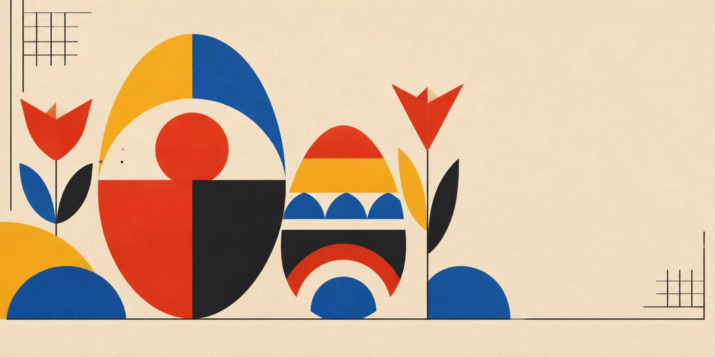 Geometric Bauhaus still life with abstract Easter eggs, tulips, and arcs in red, yellow, blue, and warm black on cream paper