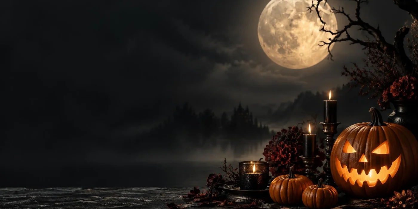 Glowing jack-o’-lanterns and candlelight beneath a full Halloween moon