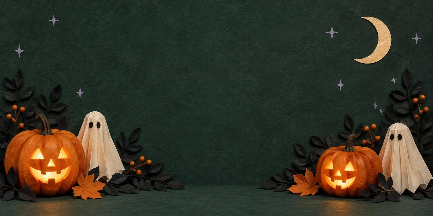 Glowing pumpkins and folded paper ghosts under a crescent moon