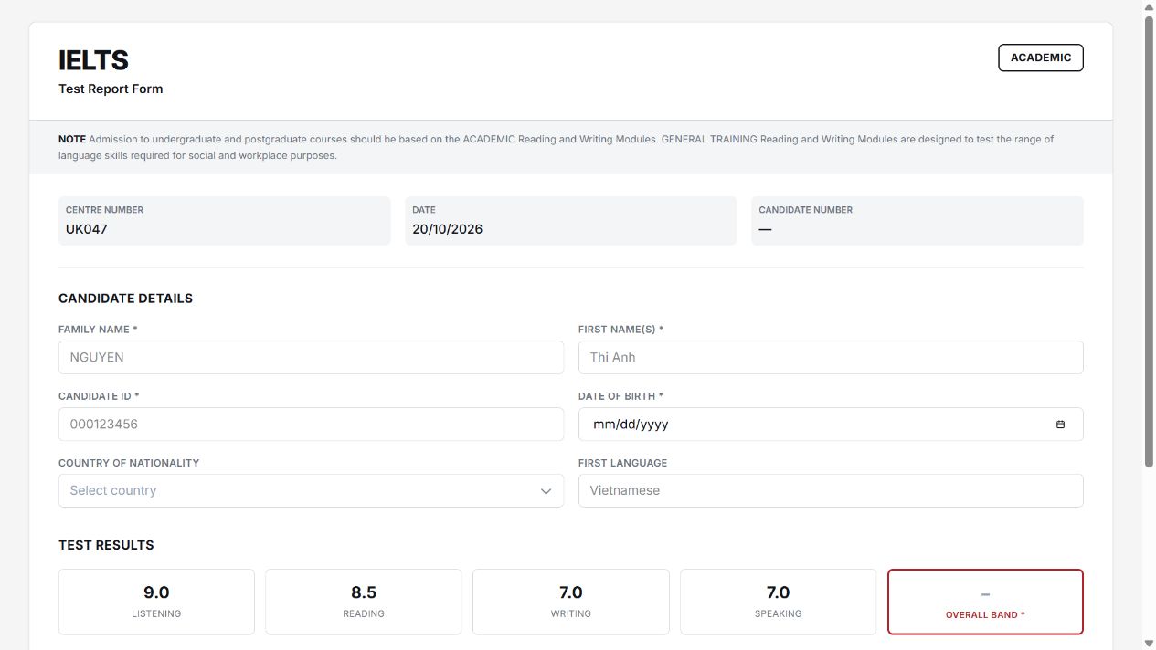 IELTS Test Report Form on Oqtane